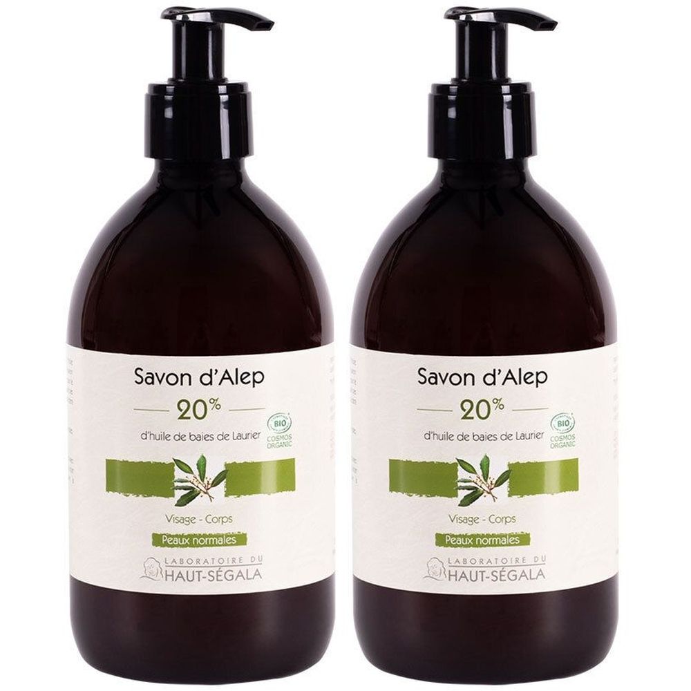 Deux flacons de Savon d'Alep avec pompe noire. Inscription: 20% d'huile de baies de Laurier, Visage-Corps, Peaux normales. Label bio.