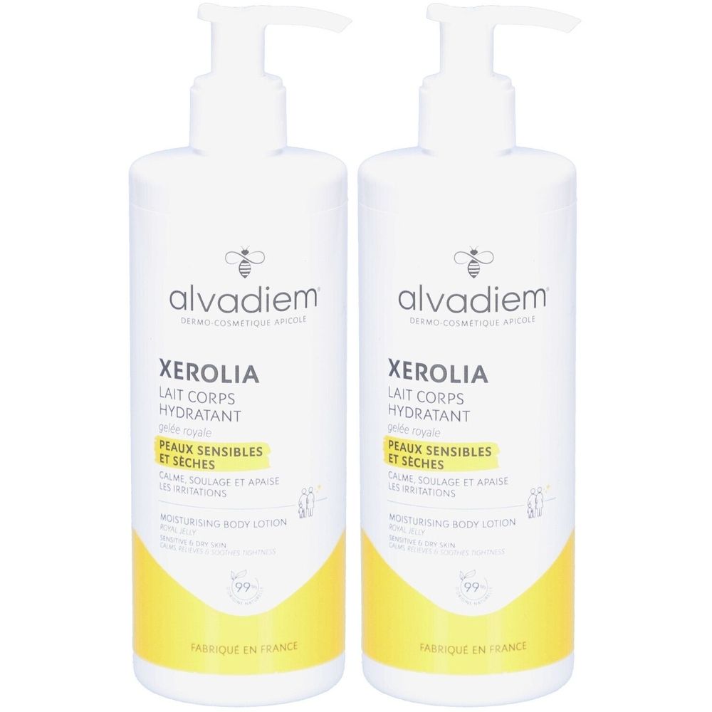 Deux flacons blancs avec pompe. Inscription: ALVADIEM Xerolia Lait Corps Hydratant, pour peaux sensibles et sèches. Fabriqué en France.