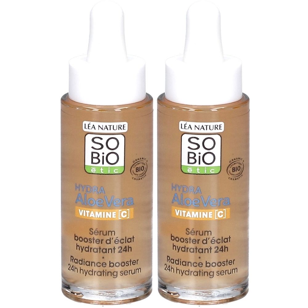 Deux flacons de sérum SO BIO ETIC Hydra Aloe Vera. Liquide brun dans des flacons en verre avec bouchon et pipette blancs. Texte.