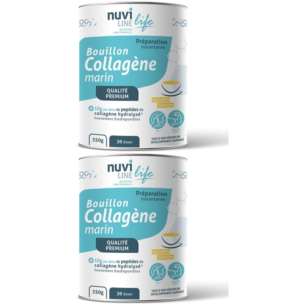 Deux boîtes de NUVILINE Bouillon Collagène Marin. Boîtes blanches avec texte bleu-vert. Texte: Bouillon Collagène Marin, 350g, 30 doses.