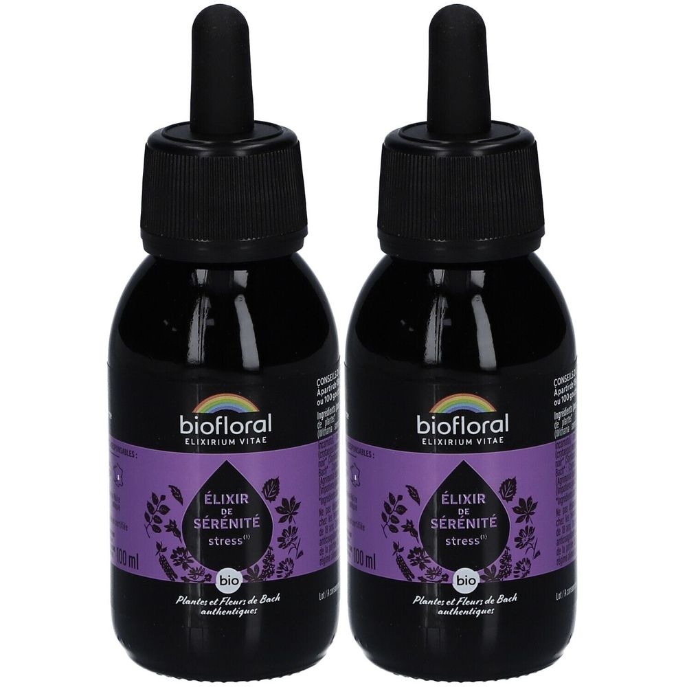 Deux flacons de BIOFLORAL Elixir de Sérénité. Flacons sombres avec bouchons et pipettes noirs. Étiquette violette avec texte.