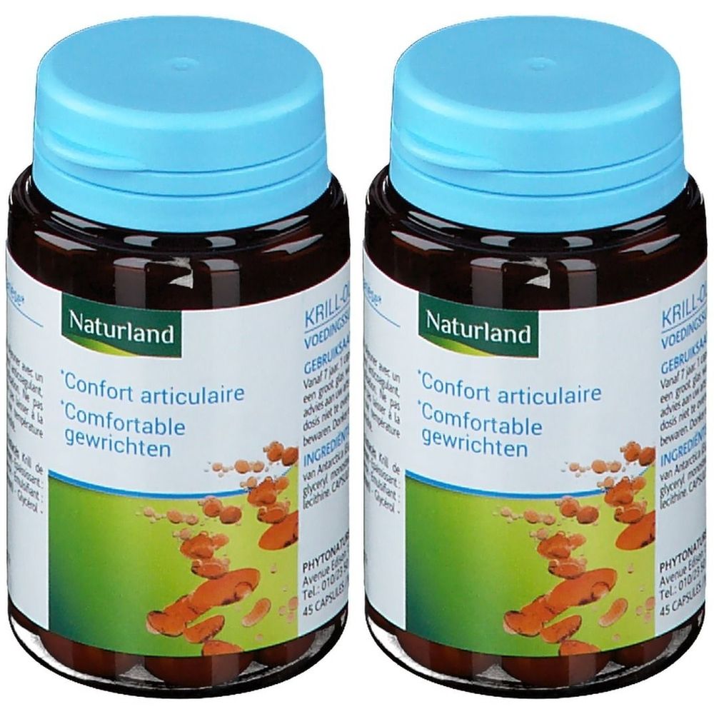 Deux flacons de pilules marron avec couvercles bleus. Inscription Naturland, 'Confort articulaire'.