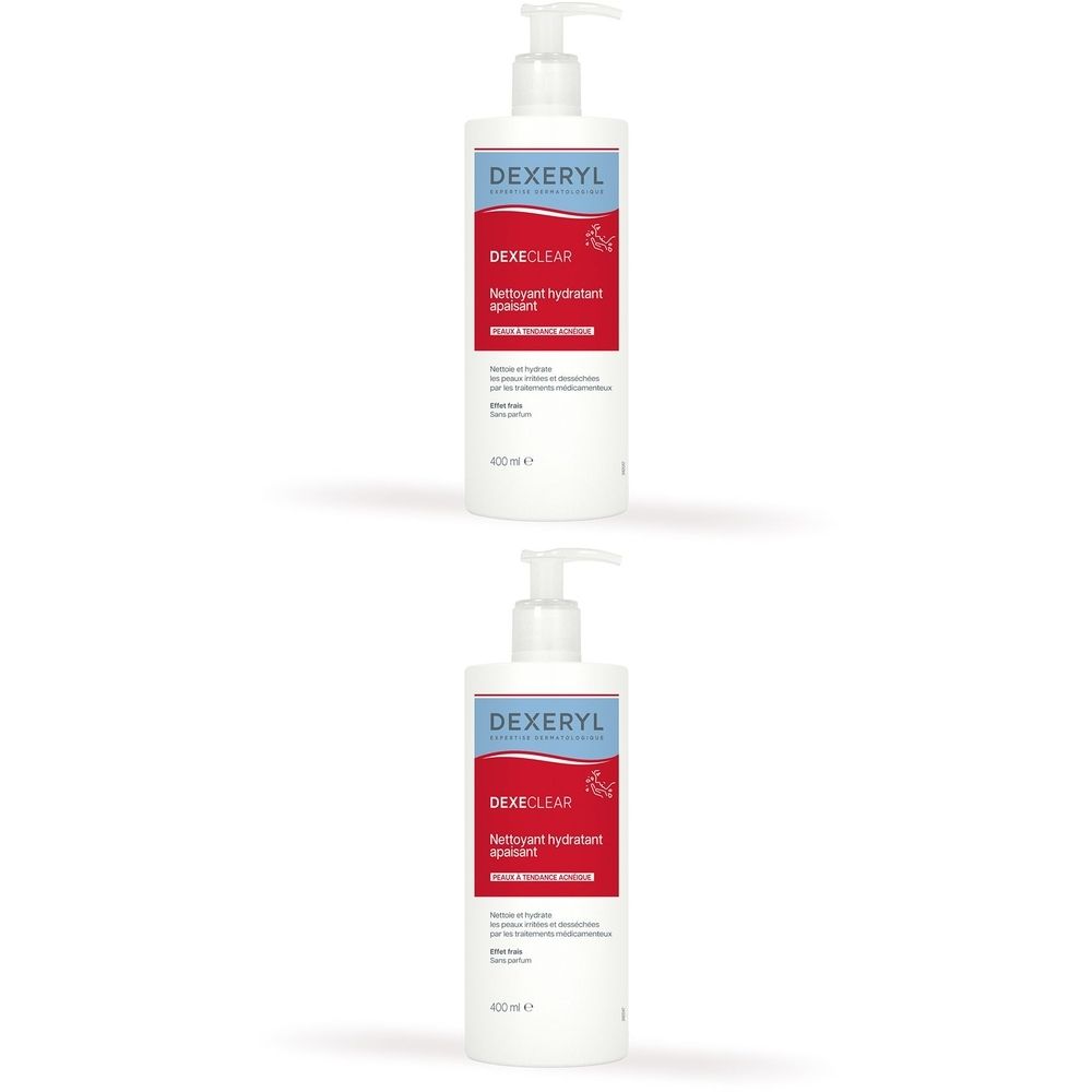 Deux flacons blancs avec pompe. Chaque flacon porte une étiquette rouge avec du texte.