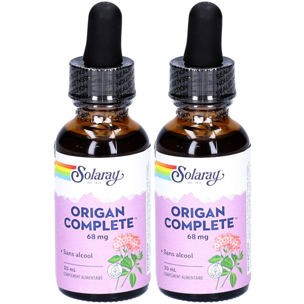 Deux flacons de SOLARAY Origan Complete. Flacons en verre brun avec compte-gouttes noirs. Étiquette avec nom du produit, informations et logo.