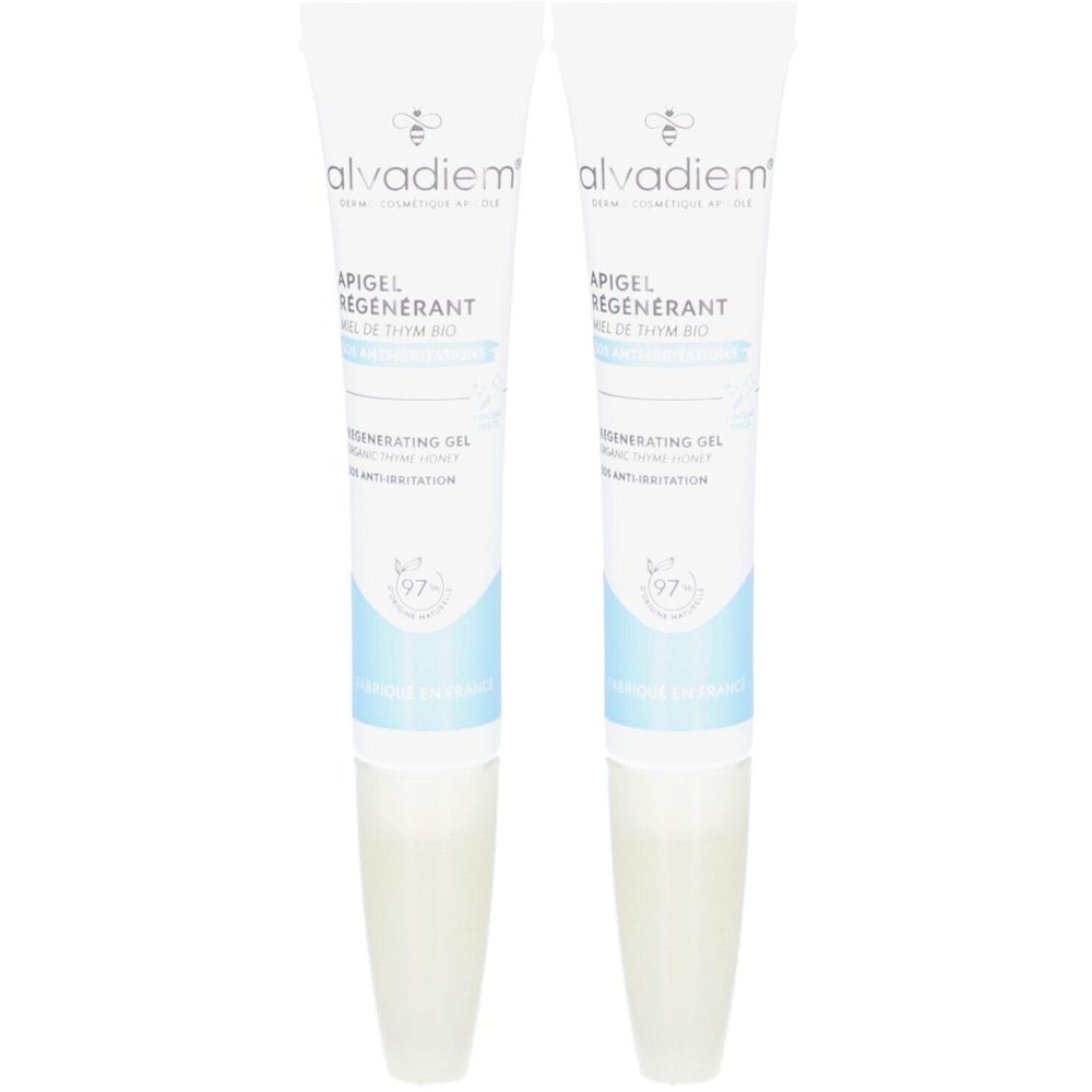 Deux tubes de gel régénérant "alvadiem". Inscription "Apigel Régénérant". Emballage blanc et bleu clair.