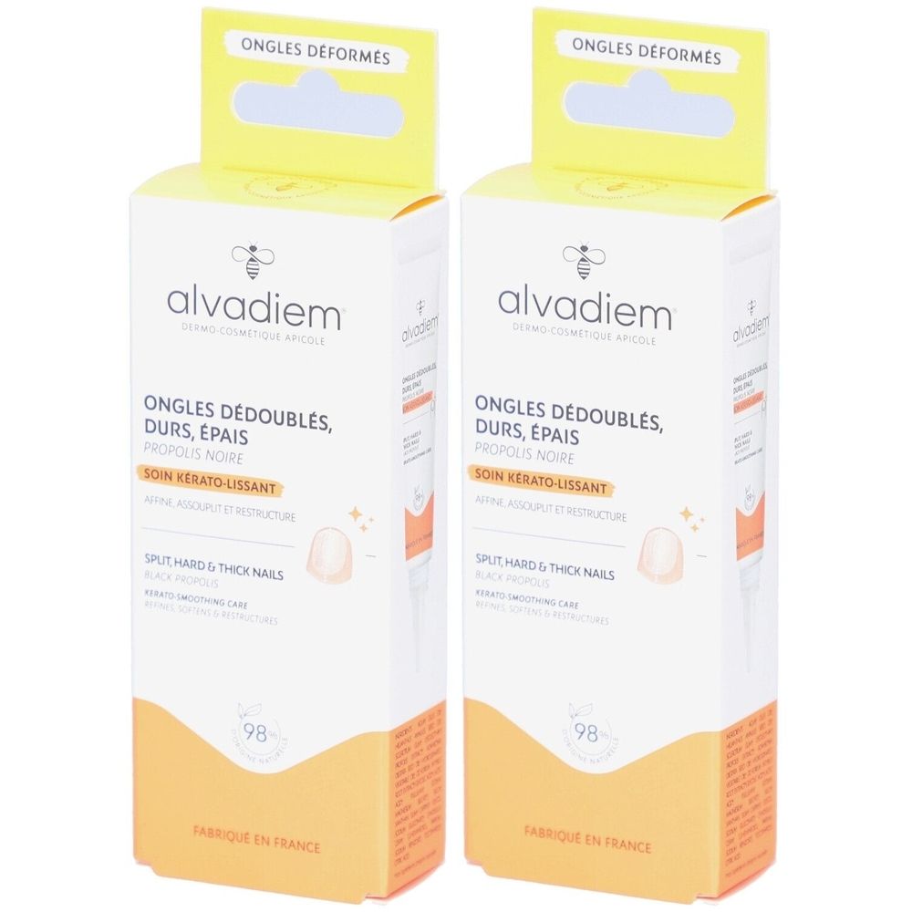 Deux boîtes ALVADIEM. Inscription: Ongles Déformés, Ongles Dédoublés, Durs, Épais. Emballage jaune et blanc avec image du produit et logo.