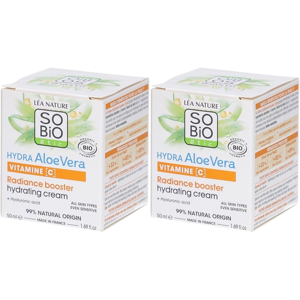 Deux boîtes carrées de crème SO BIO ETIC Hydra Aloe Vera. Inscriptions : Vitamine C, crème hydratante, 99% d'origine naturelle, label bio.