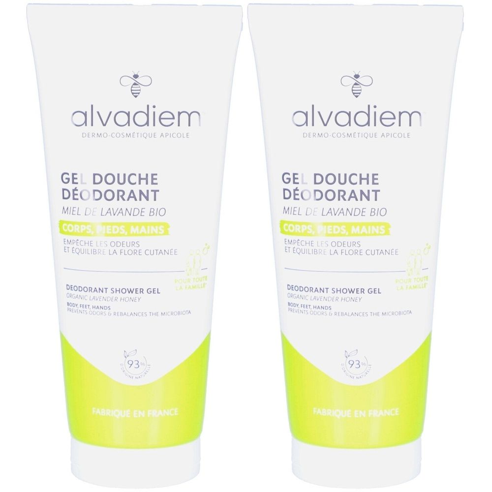 Deux tubes de gel douche. Blanc avec des accents verts. Inscription : alvadiem, Gel Douche Déodorant, Miel de Lavande Bio.