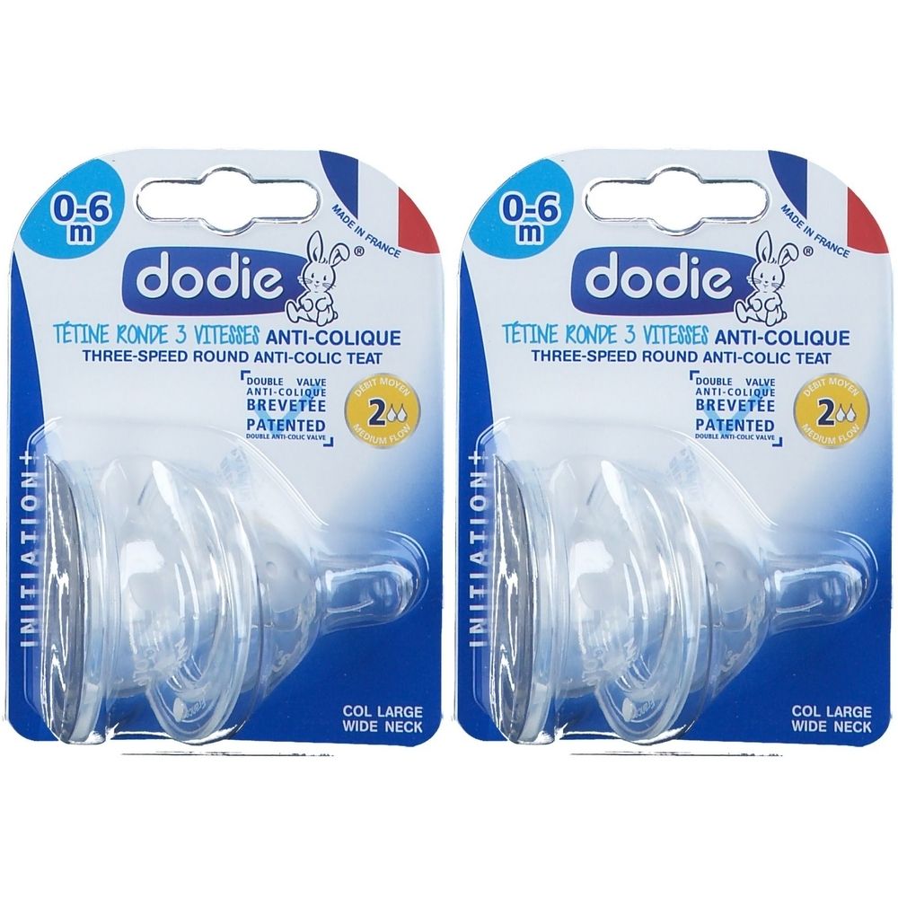 Deux emballages de dodie® Initiation+ Tétine Débit 2. Inscription sur chaque emballage : 0-6 m, Tétine Ronde 3 Vitesses Anti-Colique. Double valve, breveté.