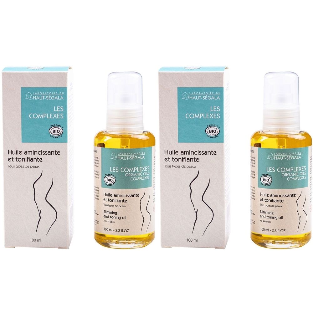 Trois flacons et emballages d'huile Haut-Ségala. Flacons avec vaporisateur, huile jaune. Emballage avec texte et label bio.