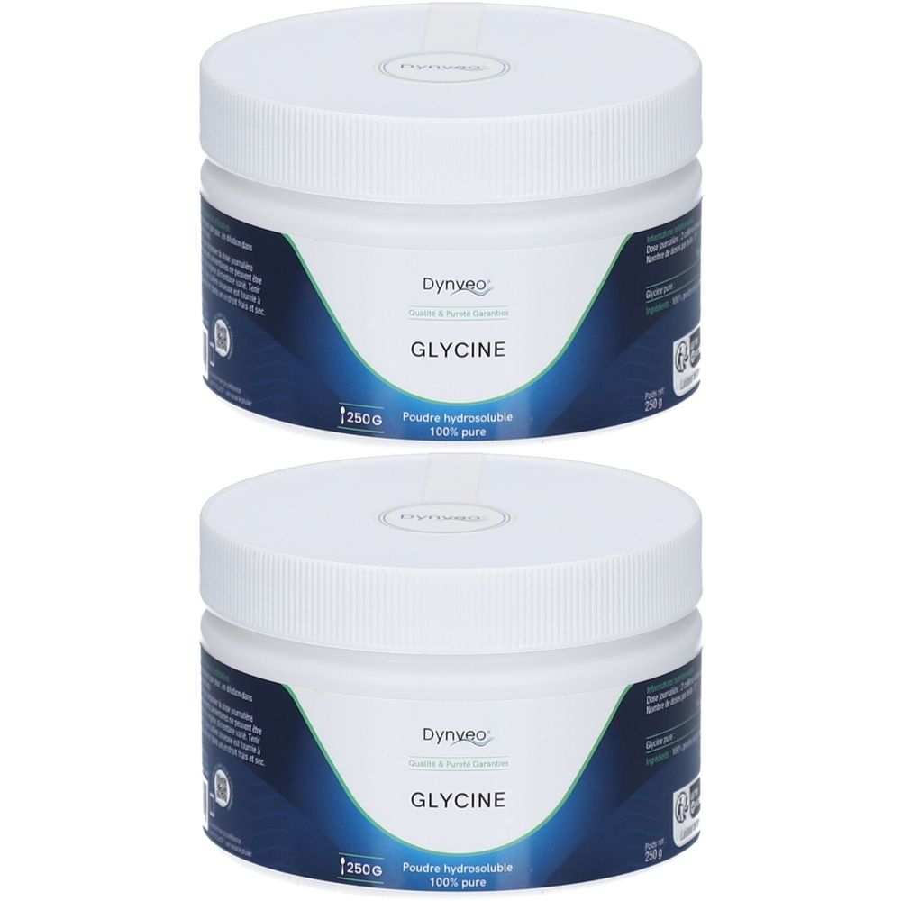 Deux pots blancs avec couvercles. Inscription: DYNVEO Glycine, 250g, Poudre hydrosoluble 100% pure.