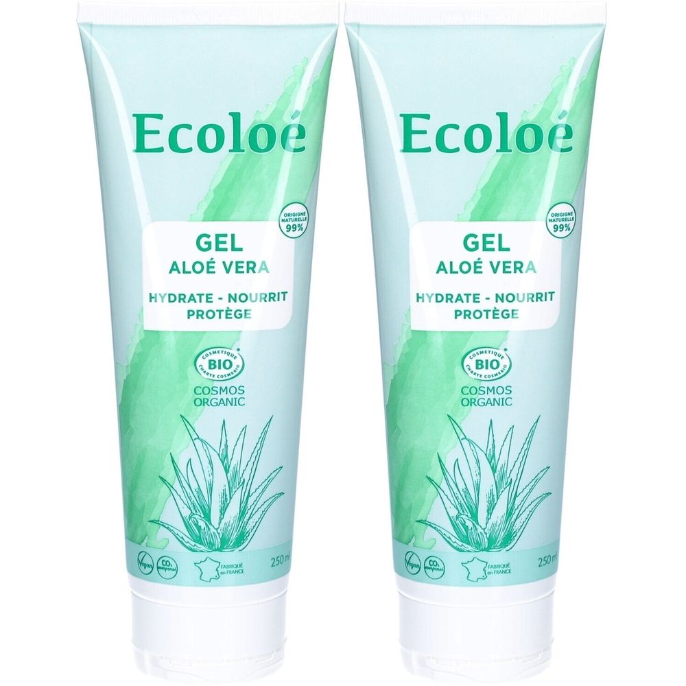 Deux tubes de gel Ecoloe Aloe Vera. Emballage vert clair avec nom du produit, illustration d'aloe vera et label bio. Bouchon blanc.