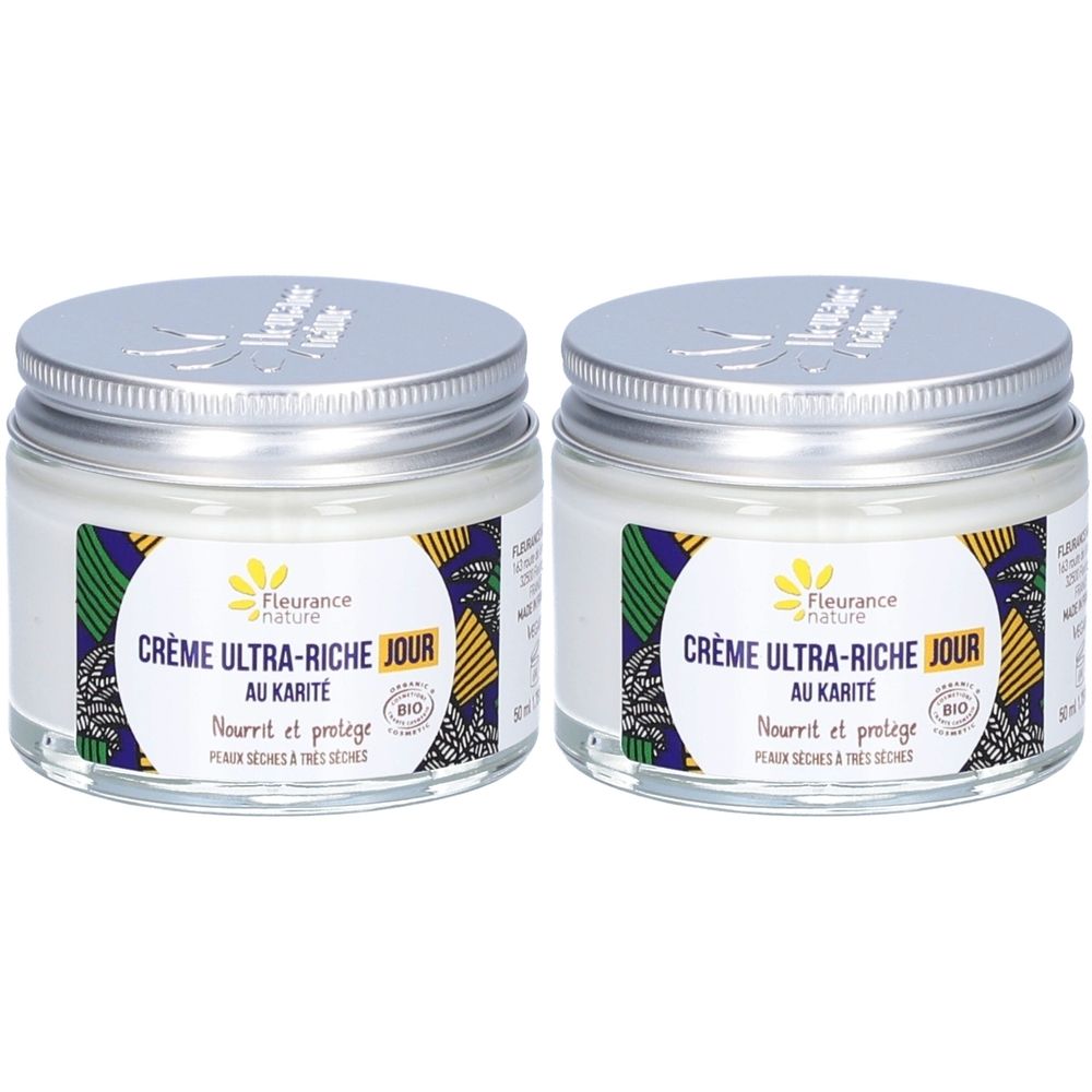 Deux pots de Crème Ultra-Riche Jour au Karité, couvercles argentés. Inscription : Crème Ultra-Riche Jour au Karité. Certification bio.