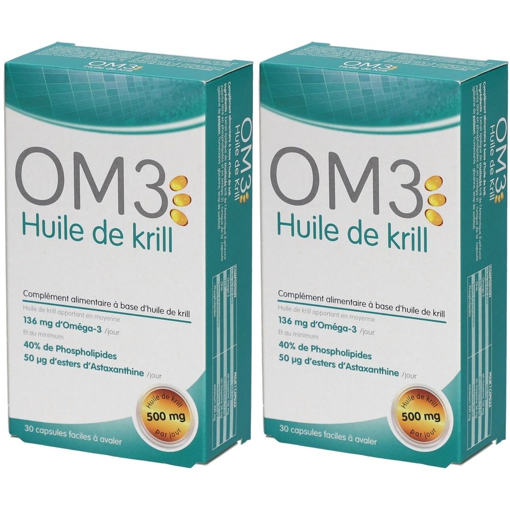 Deux boîtes de OM3 Huile de krill. Complément alimentaire à base d'huile de krill. Contient 136 mg d'Oméga-3, 40 % de phospholipides et 50 µg d'esters d'astaxanthine. 30 capsules.