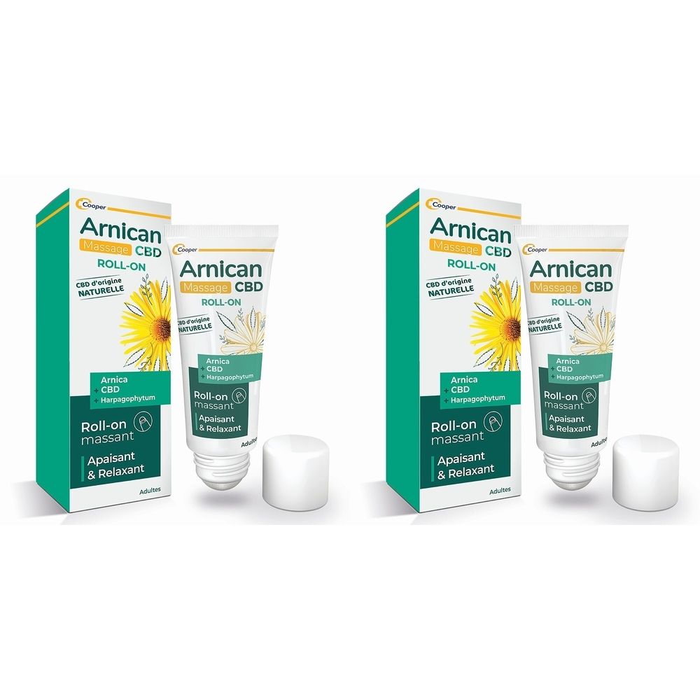 Deux tubes roll-on et boîtes. Inscription: Arnican CBD Roll-on. Design vert et blanc avec illustration de tournesol.