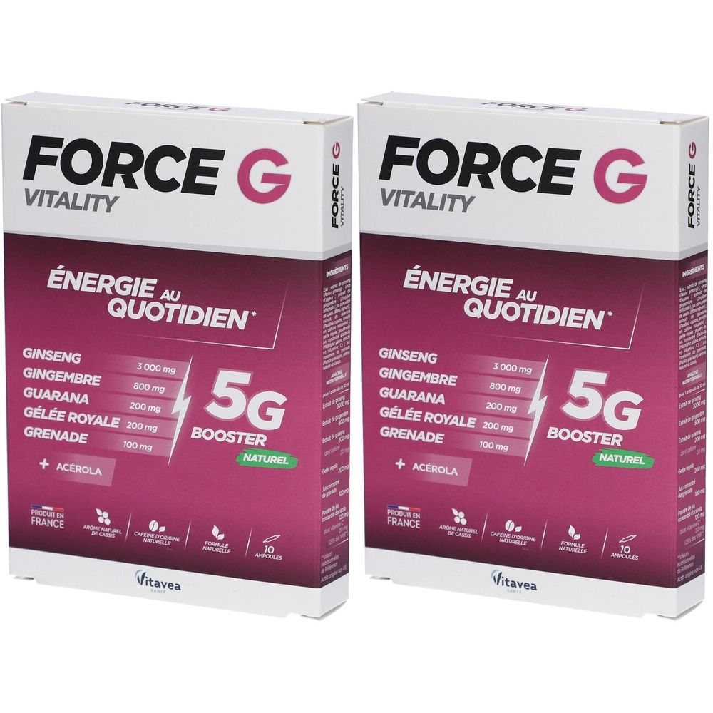 Deux boîtes de VITAVEA Force G Vitality. Inscriptions : FORCE G, VITALITY, ÉNERGIE AU QUOTIDIEN, 5G BOOSTER. Ingrédients listés.