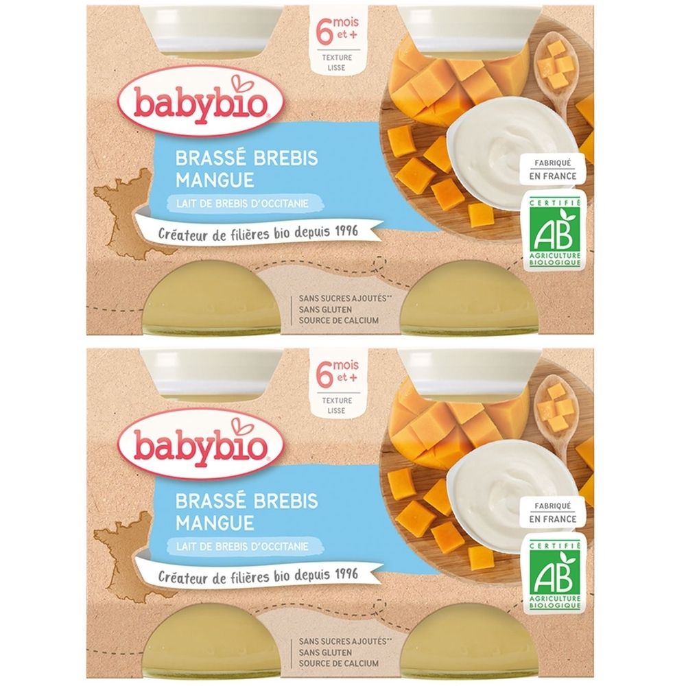 Deux emballages de Babybio BRASSÉ BREBIS MANGUE. Inscription : 6 mois et +. Label AB. Sans sucres ajoutés, sans gluten.
