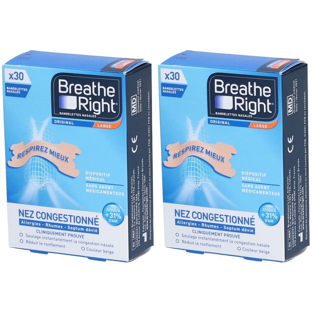 Deux boîtes de Breathe Right. Emballage bleu avec nom et description du produit. Taille : Large. Dispositif médical.