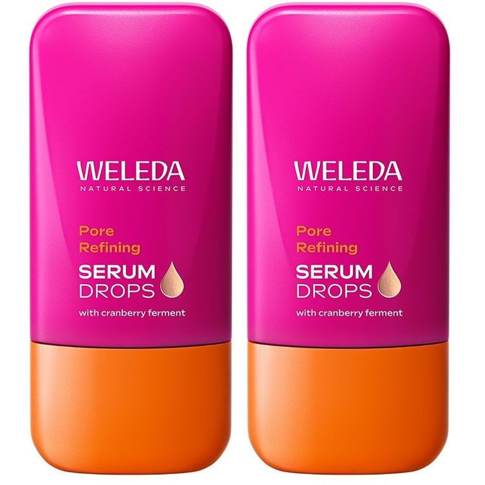 Deux flacons de sérum WELEDA. Emballage rose et orange. Inscription : Pore Refining Serum Drops avec ferment de canneberge.