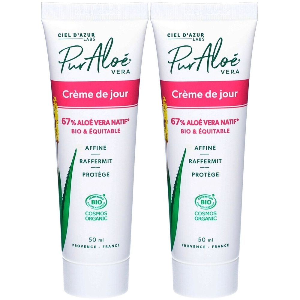 Deux tubes de crème visage CIEL D'AZUR PurAloé. Blancs, rayures roses, texte. Contient 67% Aloe Vera. Certification Bio.