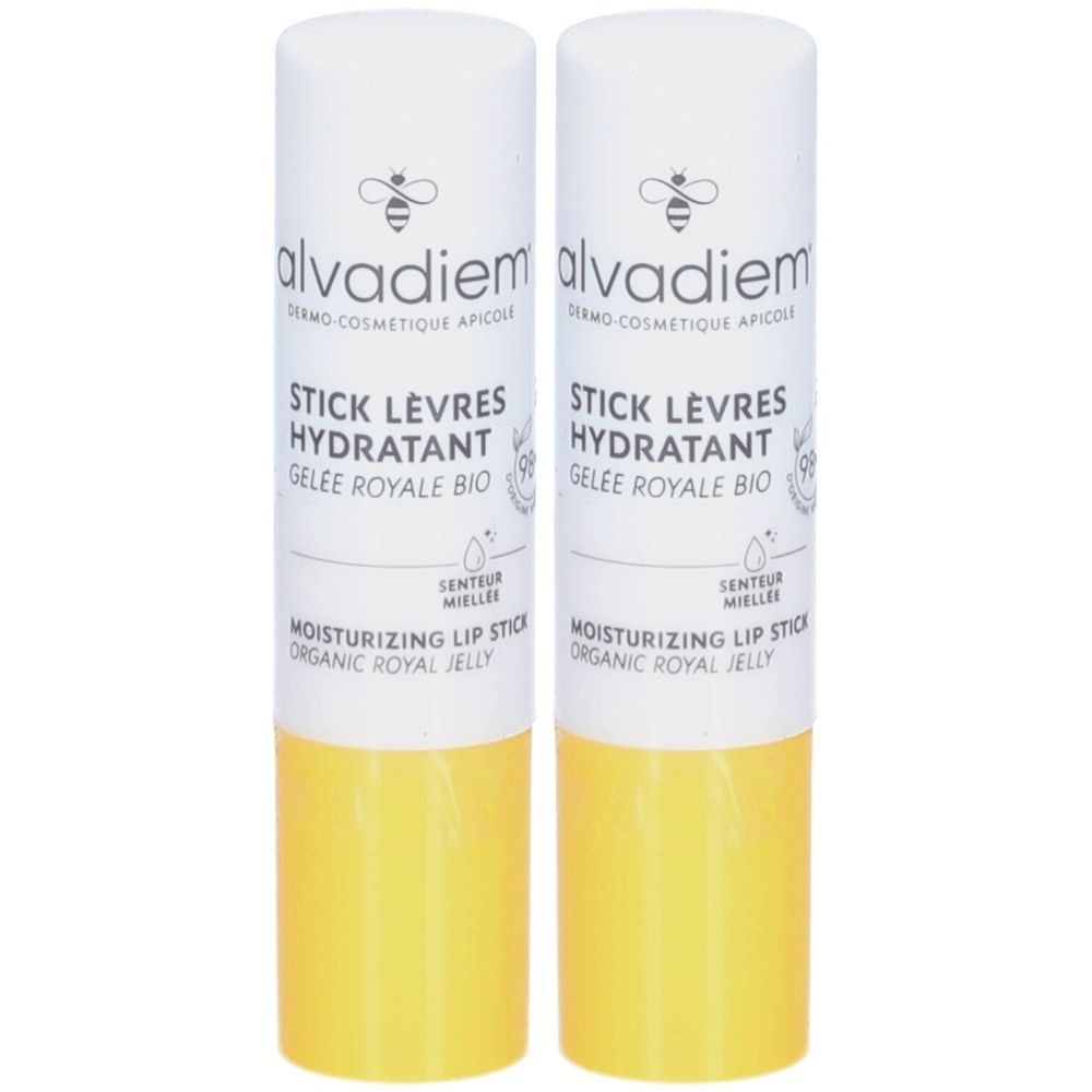 Deux sticks à lèvres blancs et jaunes. Inscription : alvadiem, Stick Lèvres Hydratant, Gelée Royale Bio. Logo abeille.