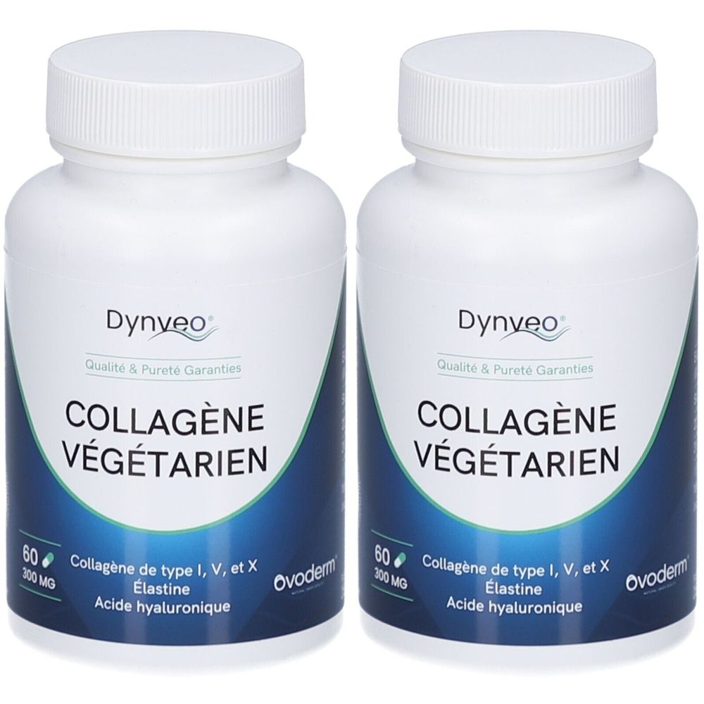 Deux flacons blancs avec étiquette bleue. Inscription: COLLAGÈNE VÉGÉTARIEN, Dynveo. Contient 60 gélules. Logo Ovoderm.