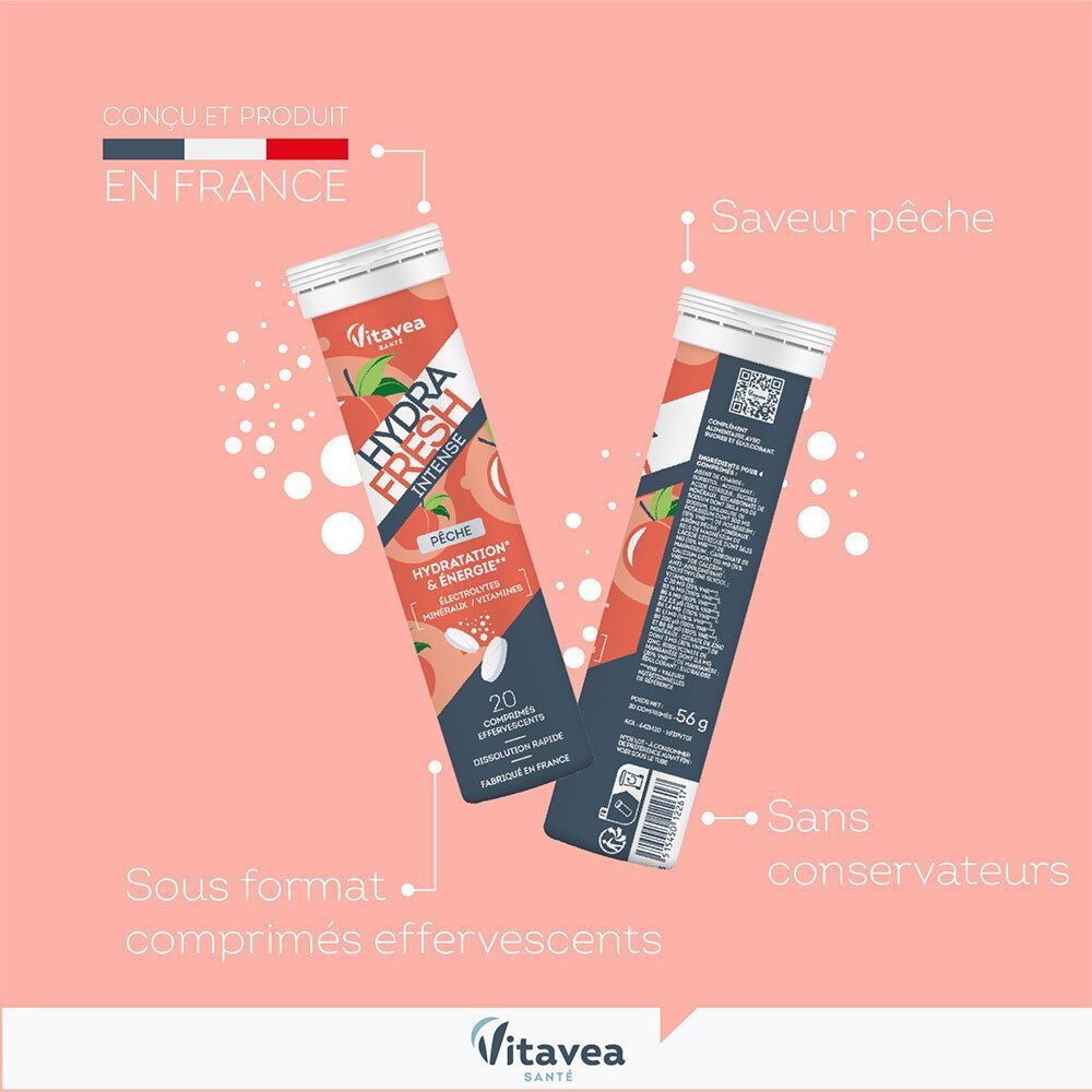 Deux tubes Vitavea Hydra Fresh pêche, dont un ouvert, avec inscriptions sur les ingrédients et fabrication en France.