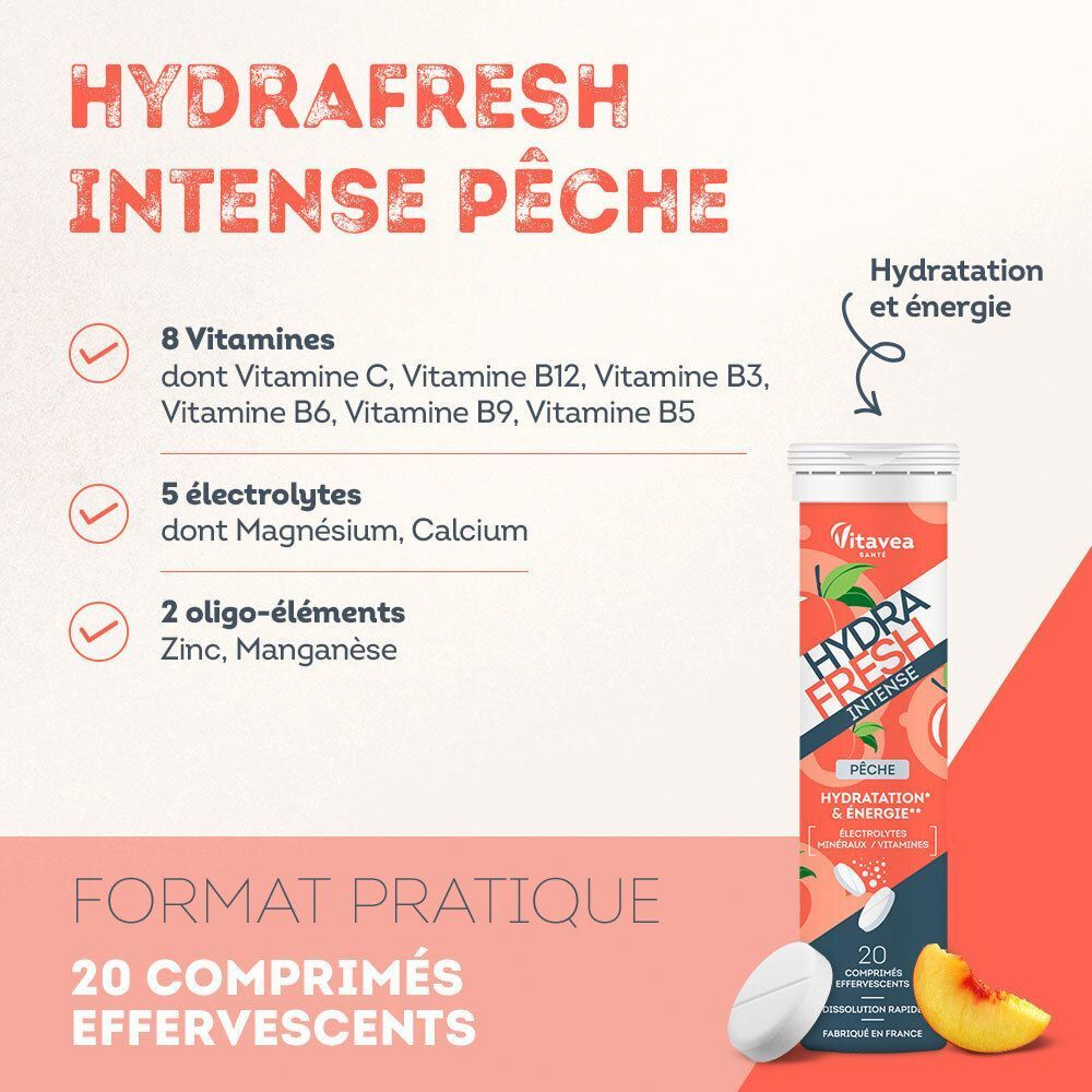 Vitavea Hydrafresh Intense : Liste des ingrédients et tableau nutritionnel d'un complément alimentaire vitamines et minéraux.