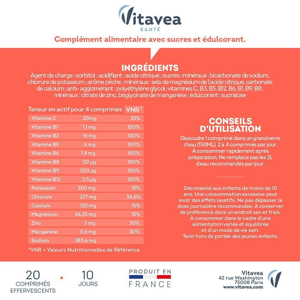 Vitavea Hydrafresh Intense Pêche : 20 comprimés effervescents pour hydratation et énergie. Contient 8 vitamines, 5 électrolytes et 2 oligo-éléments.
