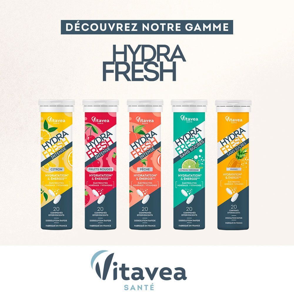 Cinq tubes de comprimés effervescents Vitavea Hydra Fresh, saveurs citron, fruits rouges, pêche, citron-lime, orange.