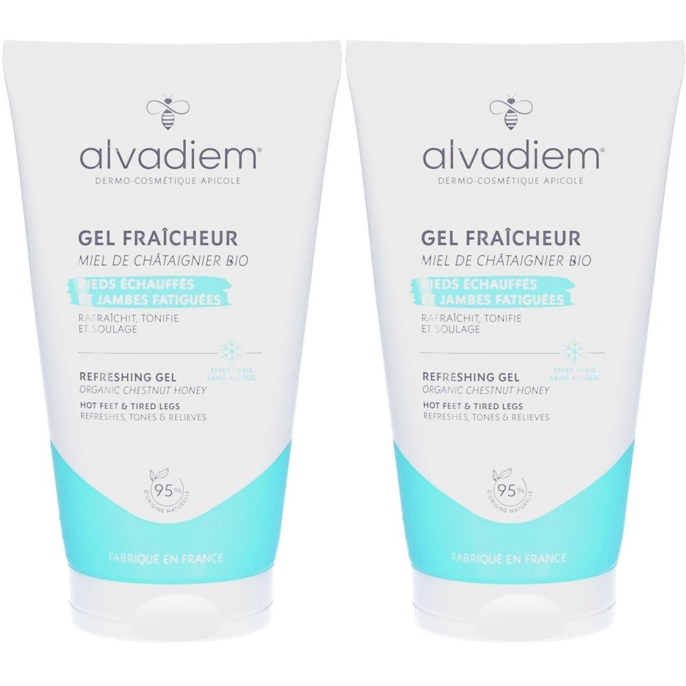 Deux tubes de gel ALVADIEM Fraîcheur. Blancs, bande bleue. Texte: GEL FRAÎCHEUR, MIEL DE CHATAIGNIER BIO, REFRESHING GEL.