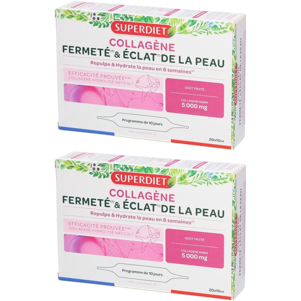 Deux boîtes de Superdiet Collagène. Inscription: Collagène Fermeté & Éclat de la Peau. Emballage rose et blanc avec informations.
