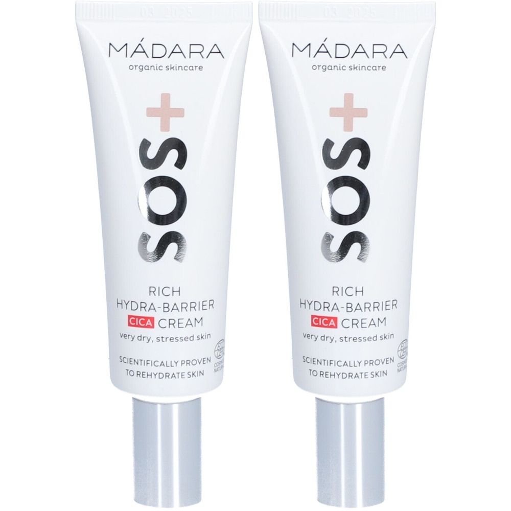 Deux tubes de crème. Blancs, avec l'inscription Mádara, SOS+, Rich Hydra-Barrier CICA Cream. Pour peaux très sèches et stressées.