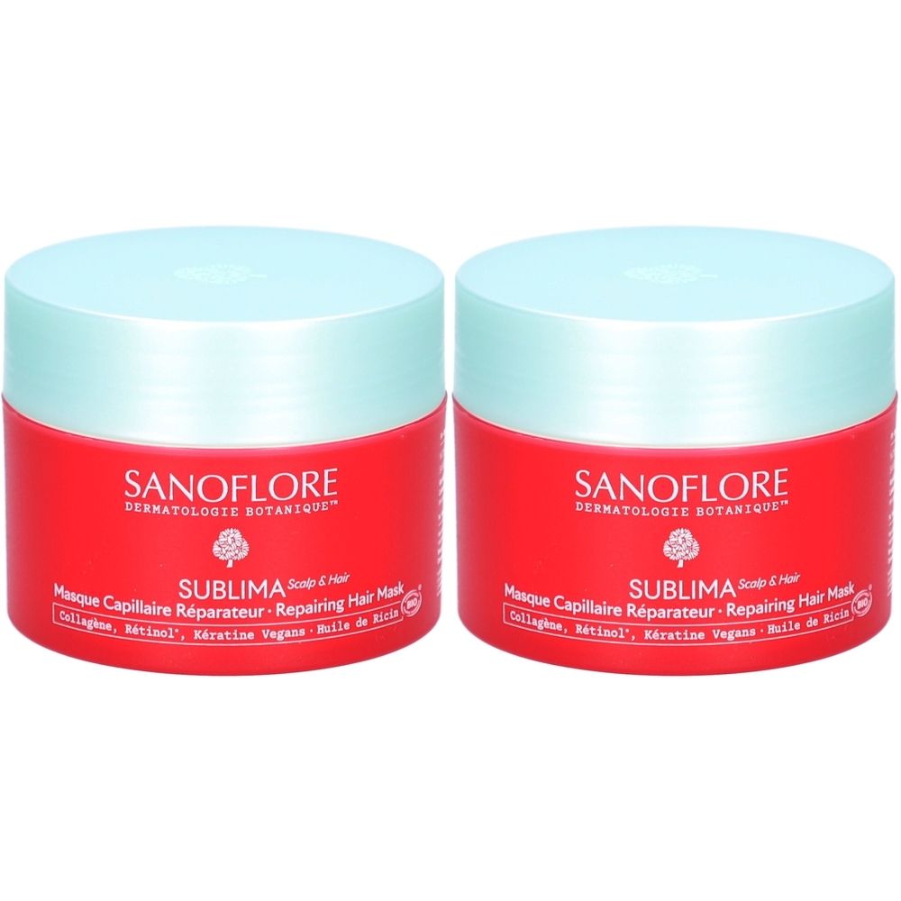 Deux pots ronds rouges avec couvercles bleu clair. Inscription: SANOFLORE, SUBLIMA, Masque Capillaire Réparateur. Produit de soin capillaire.