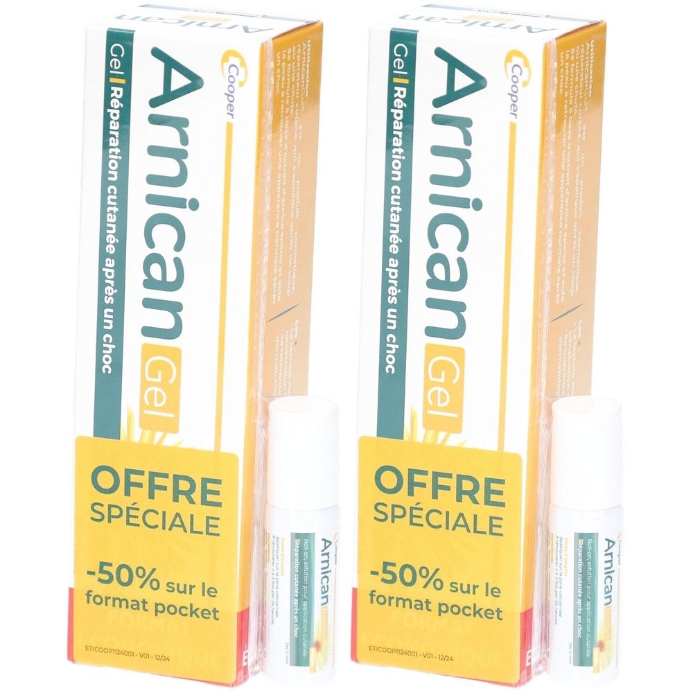 Deux boîtes de gel Arnican avec flacons roll-on. Inscription : « Gel Réparation cutanée après un choc ». Offre : -50% sur format pocket.