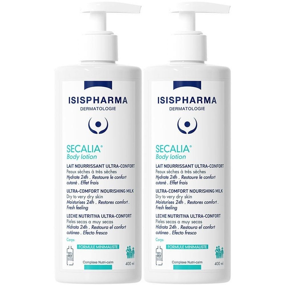 Deux flacons blancs de lotion pour le corps ISISPHARMA Secalia avec pompe. Texte : Secalia Body Lotion, Dermatologie.