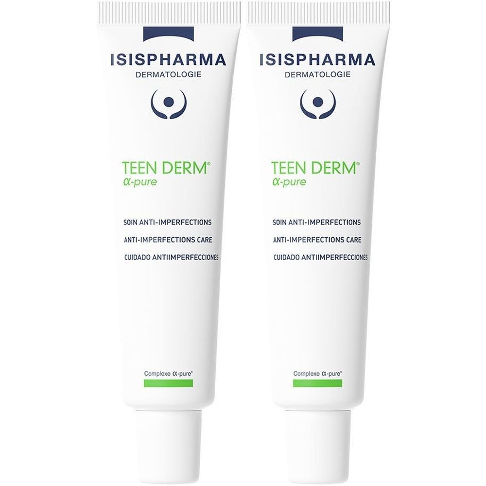 Deux tubes blancs avec texte vert et bleu. Inscription: ISISPHARMA, TEEN DERM α-pure, Soin anti-imperfections.