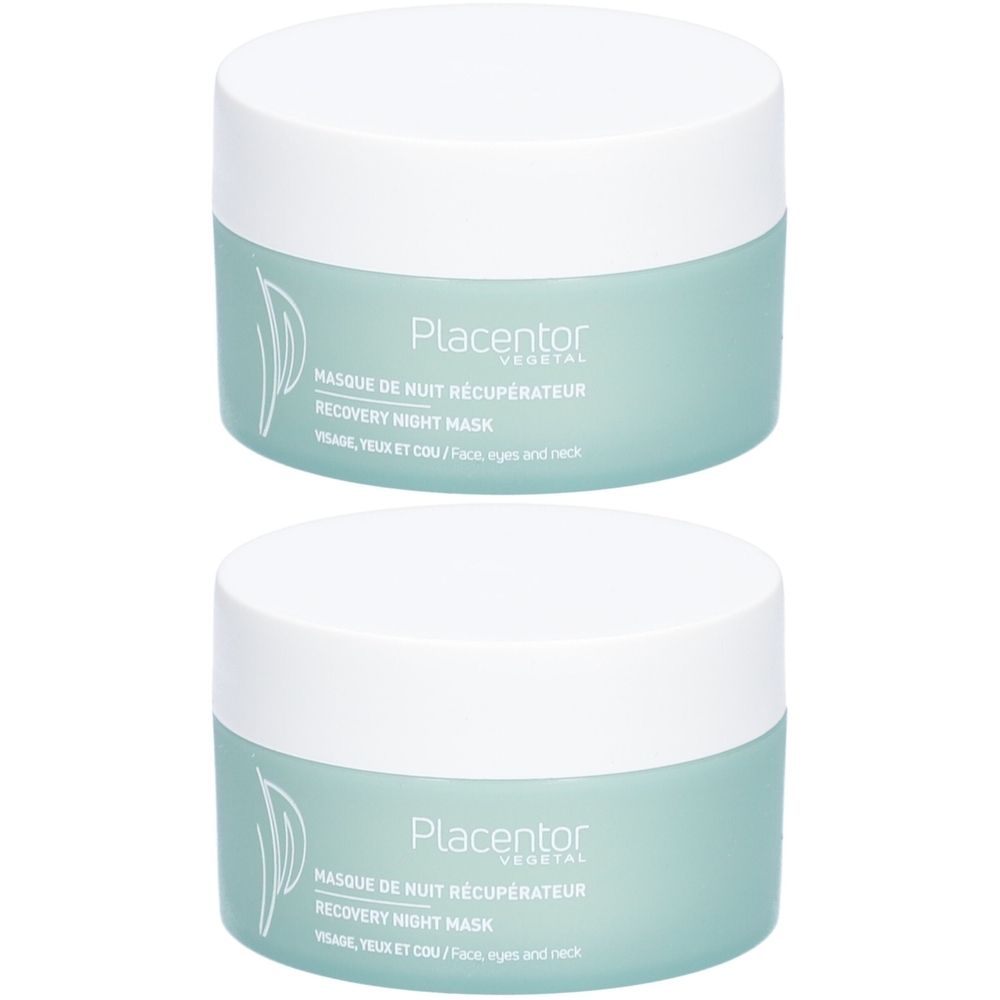 Deux pots avec couvercles blancs et contenants bleu clair. Inscription: Placentor, Masque de Nuit Récupérateur, Recovery Night Mask.