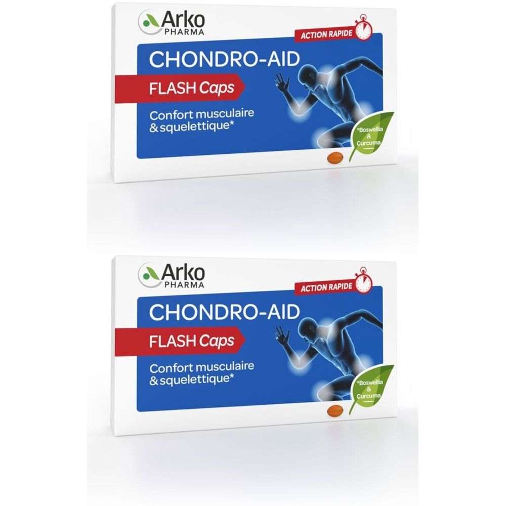 Deux boîtes de CHONDRO-AID FLASH Caps. Inscription: Confort musculaire & squelettique. Logo: Arko Pharma. Action rapide.