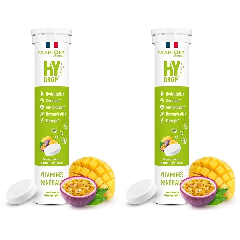 Deux tubes de comprimés, mangue et fruit de la passion. Inscription: HY DROP, vitamines, minéraux. Marque: GRANIONS.