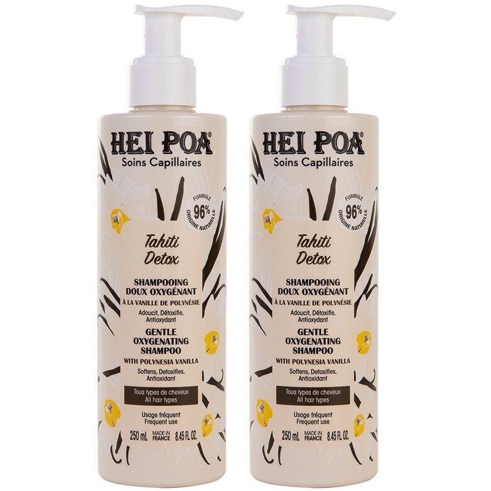 Deux flacons de shampooing avec pompe. Inscription: HEI POA, Tahiti Detox, shampooing doux oxygénant. 96% d'ingrédients naturels.