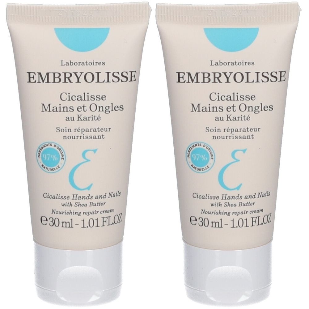 Deux tubes de crème EMBRYOLISSE Cicalisse Mains et Ongles. Contient du beurre de karité. 30 ml.
