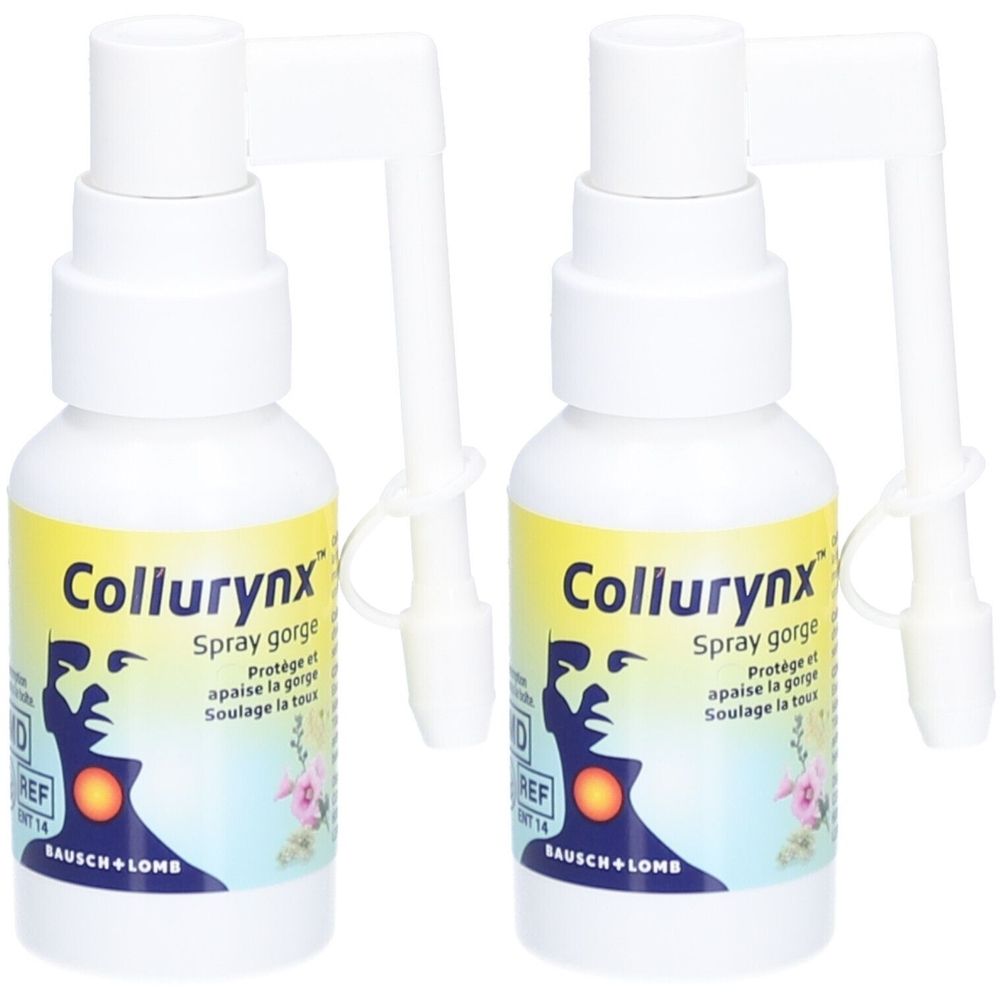 Deux flacons blancs avec vaporisateur. L'étiquette indique "Collurynx Spray gorge". La marque est "BAUSCH + LOMB".