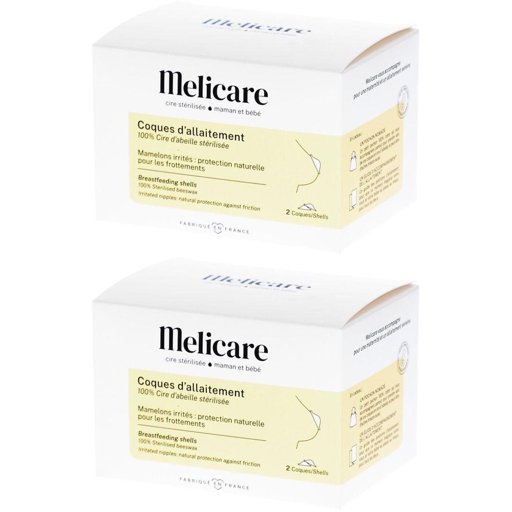 Deux boîtes blanches avec impression. Inscription : Melicare, Coques d'allaitement, 100% Cire d'abeille stérilisée. Illustration d'un sein.