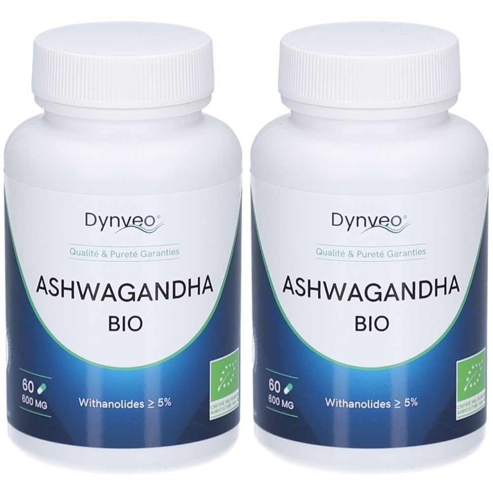 Deux flacons blancs avec bouchon à vis. Inscription : Dynveo, Ashwagandha Bio. Avec label bio et informations sur les ingrédients.