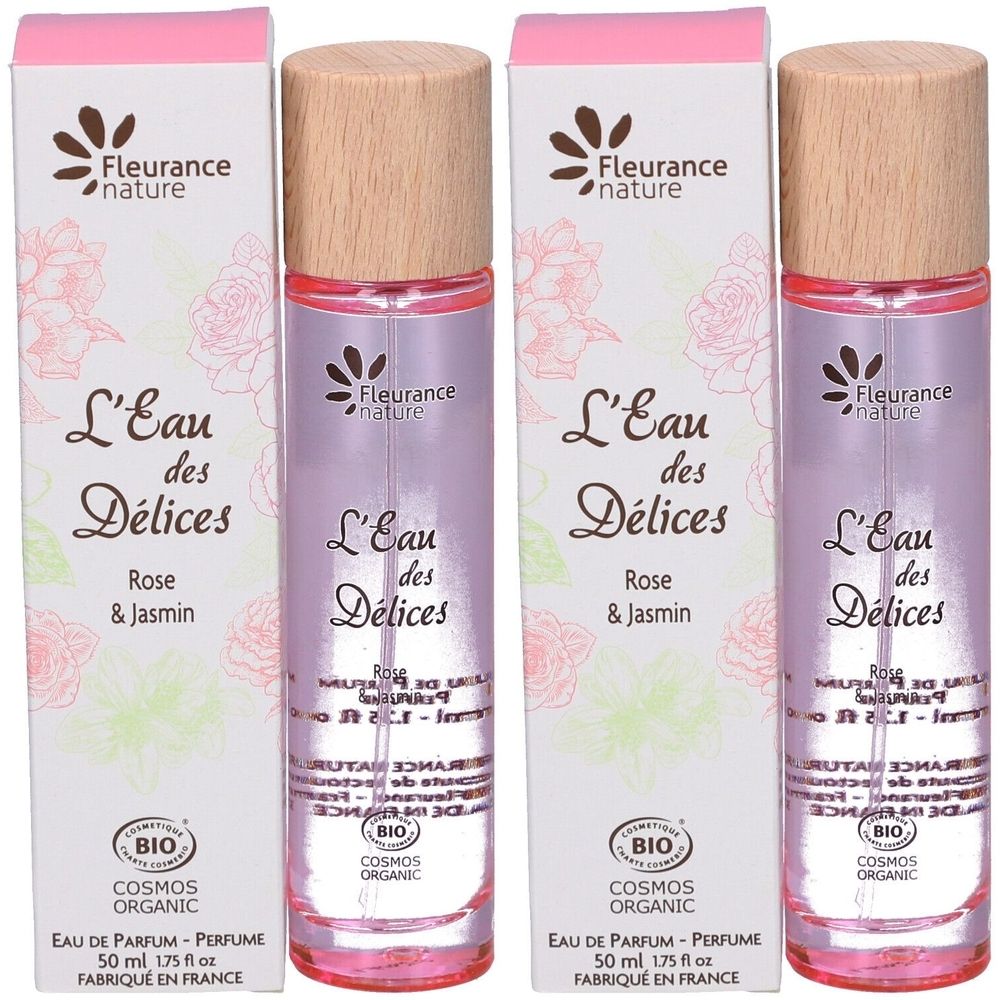 Trois flacons avec bouchon en bois et emballage. Inscription : L'Eau des Délices Rose & Jasmin. Certification bio.