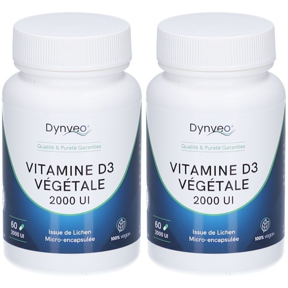 Deux flacons blancs avec bouchon à vis. Inscription: DYNVEO Vitamine D3 Végétale 2000 UI. 100% vegan. 60 gélules.