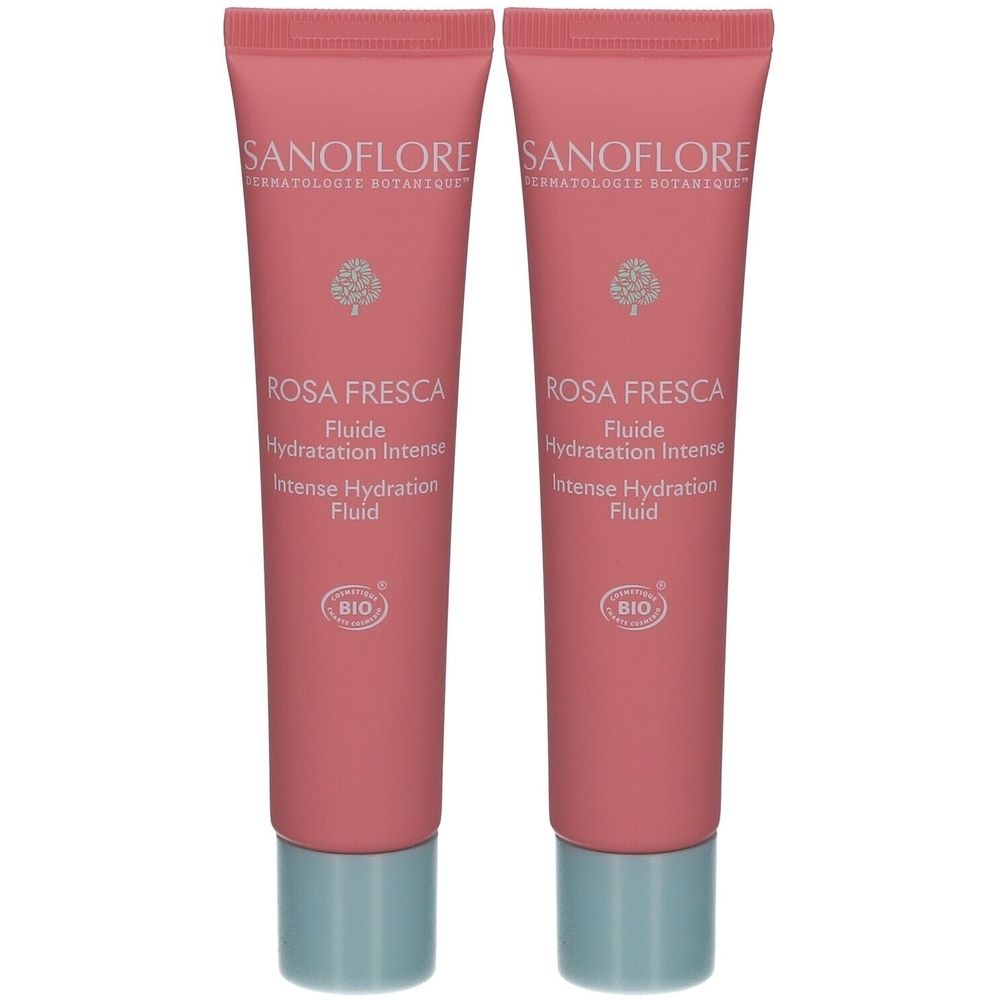 Deux tubes de fluide rose. Inscriptions: SANOFLORE, ROSA FRESCA, Fluide Hydratation Intense. Label Bio.