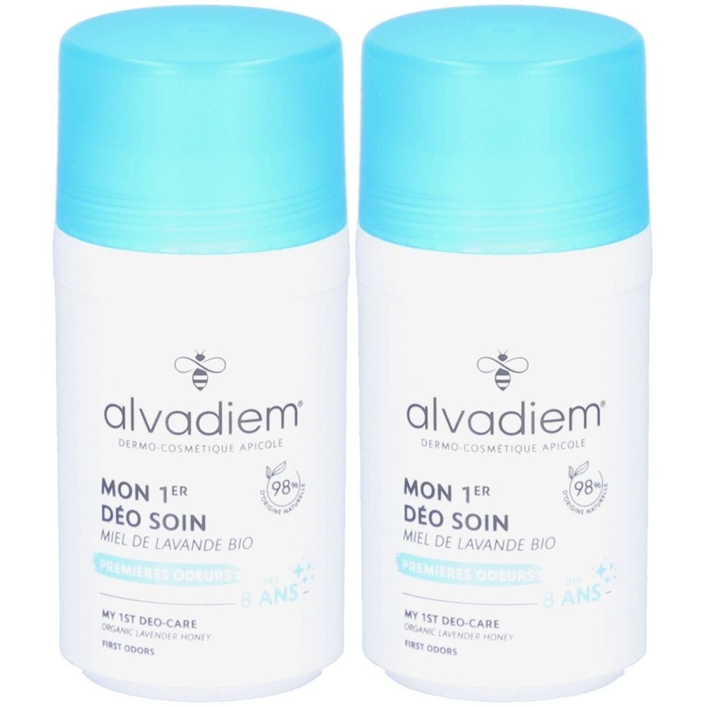 Deux déodorants roll-on blancs avec bouchons bleu clair. Inscription : alvadiem, Mon 1er Déo Soin, miel, 98%.