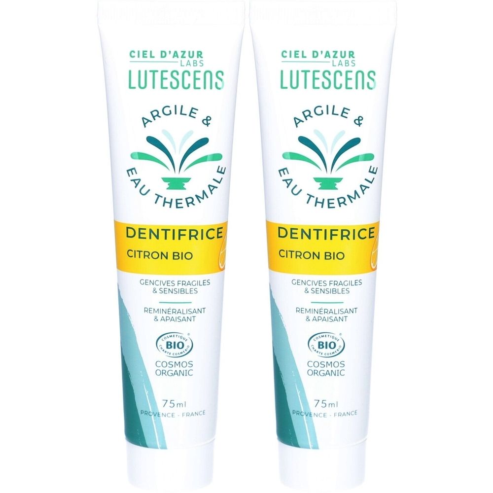 Deux tubes de dentifrice. Inscription: CIEL D'AZUR LUTESCENS, Dentifrice Citron Bio. Certification Bio.